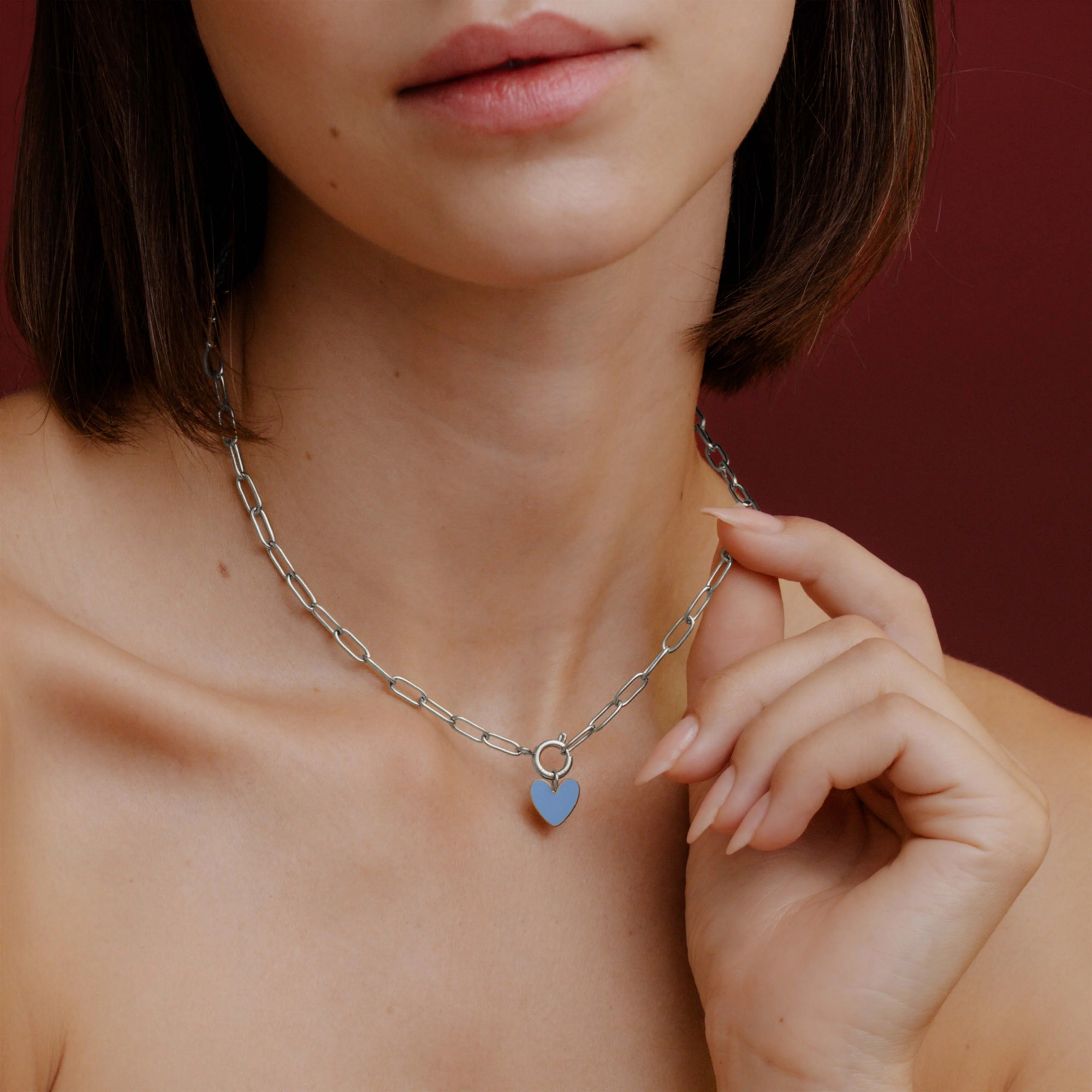 Blue Heart Oval Links Necklace Set Silver - Image 2