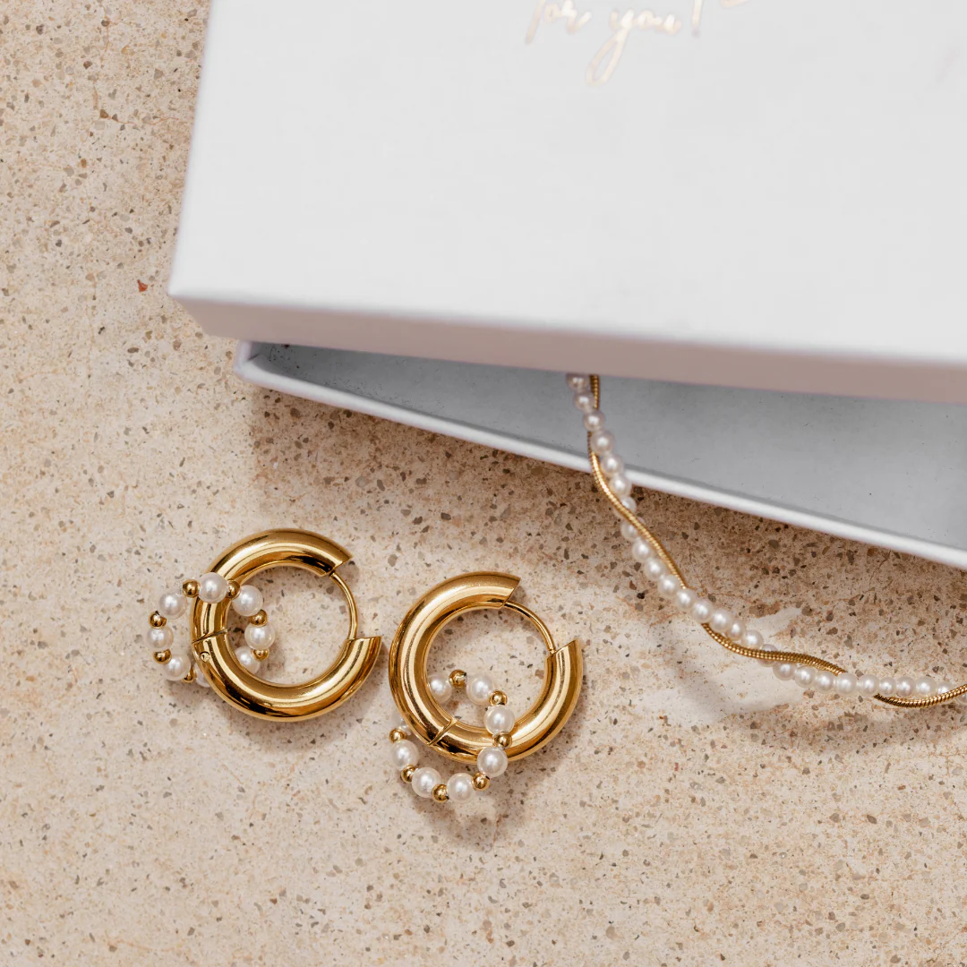 Chunky Pearl 'n' Beads Hoop Set Medium Rose Gold - Image 3