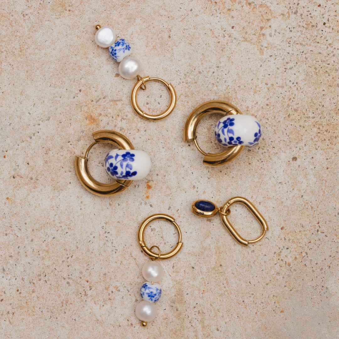 Flower Tile Pearl Hoop Set Small Gold - Image 5
