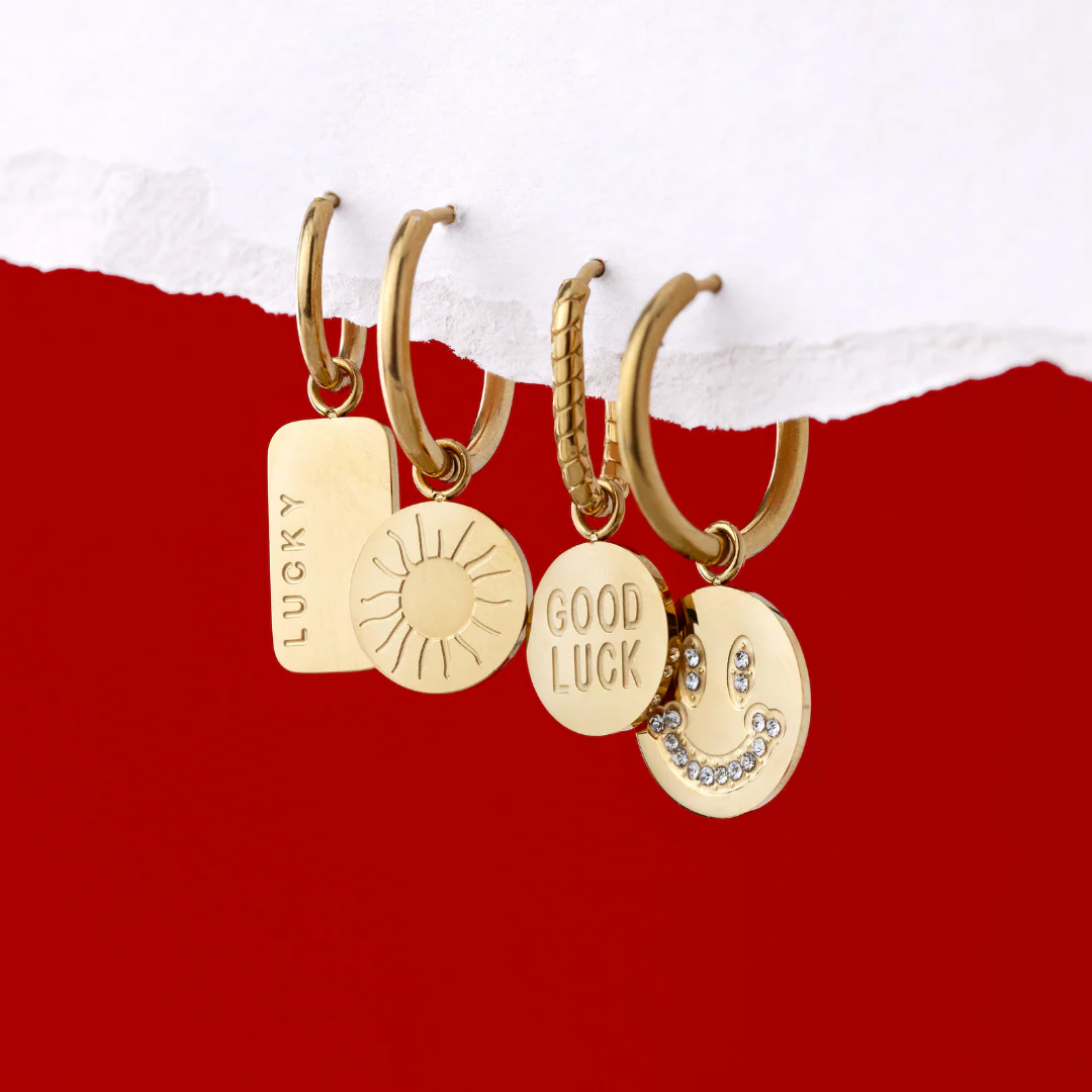 Good Luck Coin Oval Twisted Hoop Set Baby Gold - Image 4