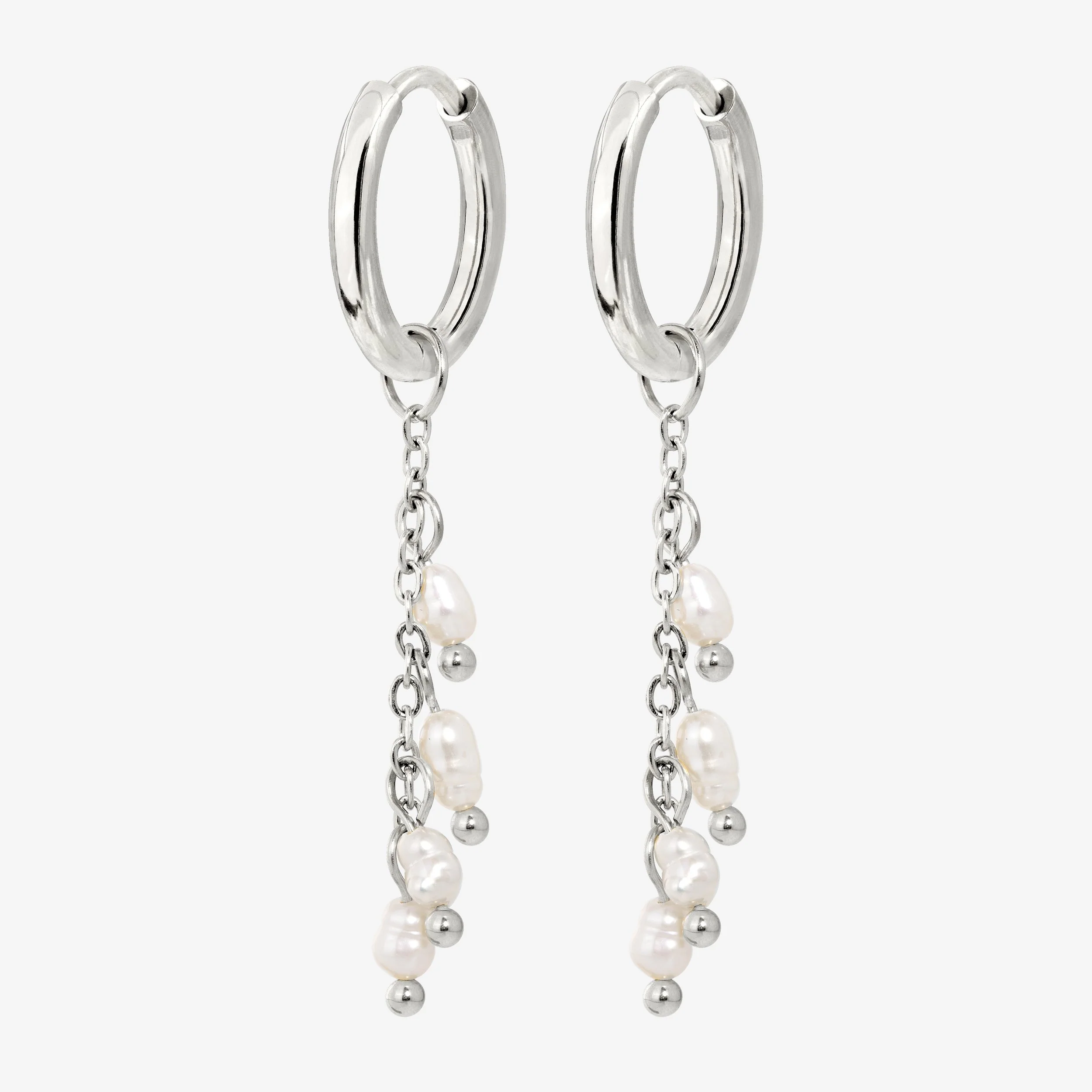 Pearl Chain Hoop Set Small Silver