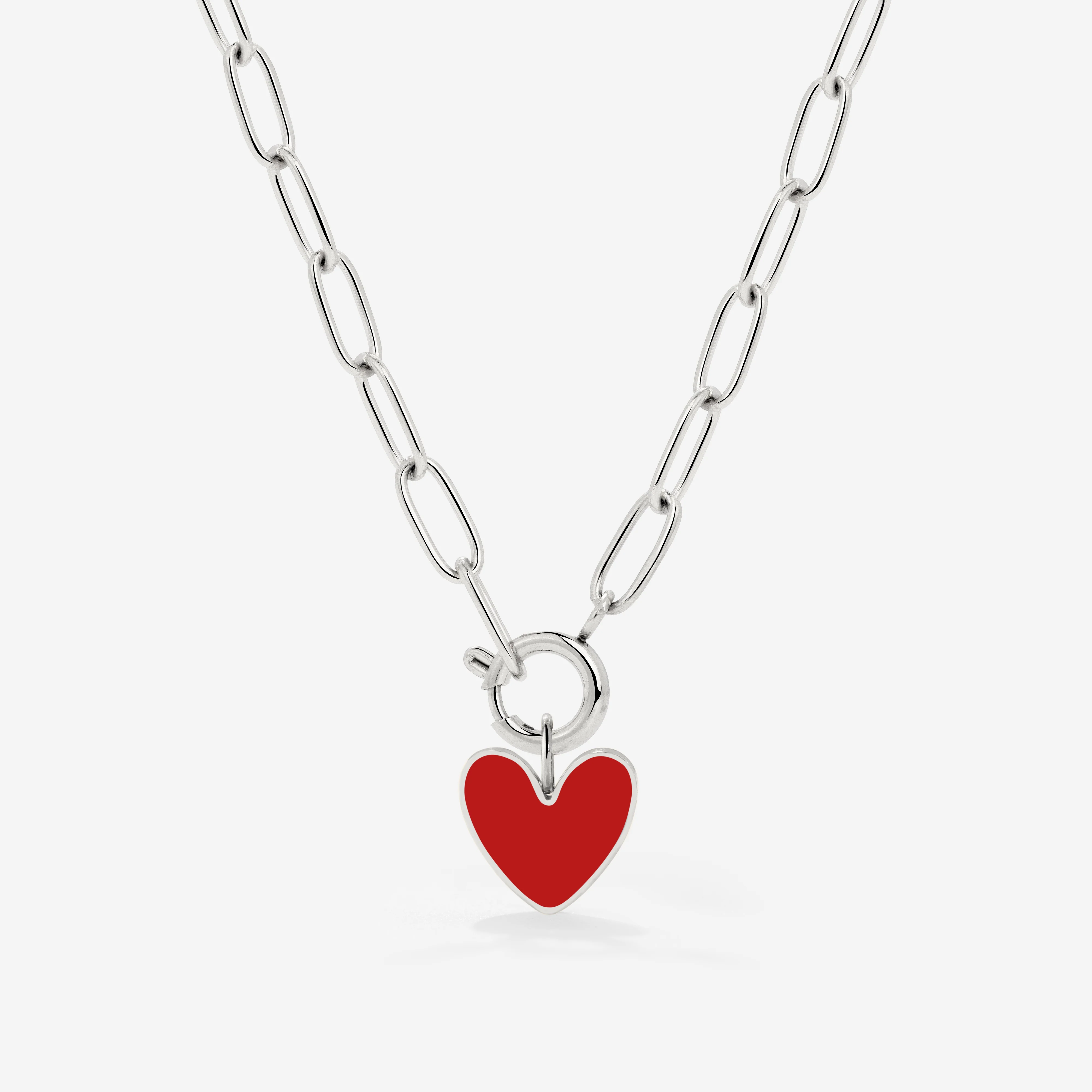 Red Heart Oval Links Necklace Set Silver