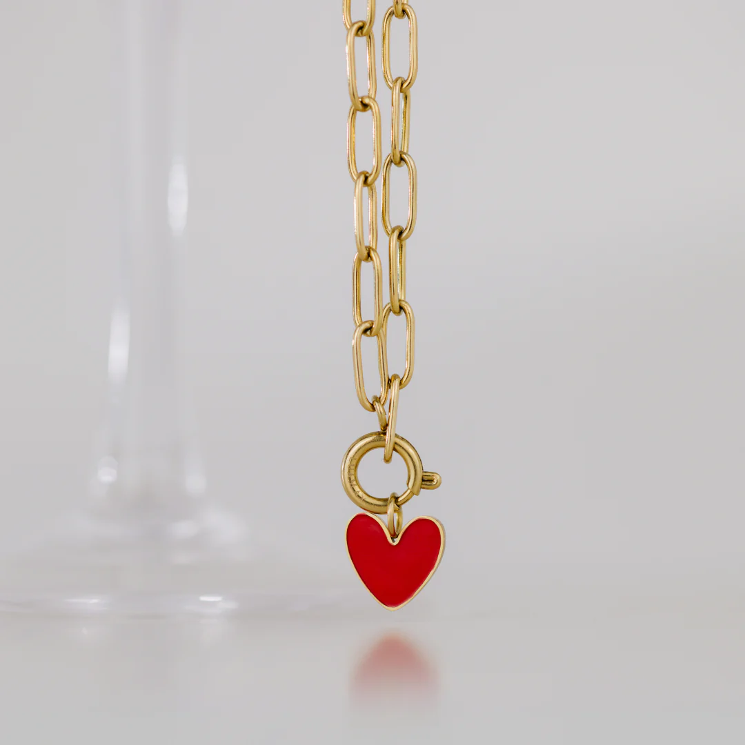 Red Heart Oval Links Necklace Set Silver - Image 4