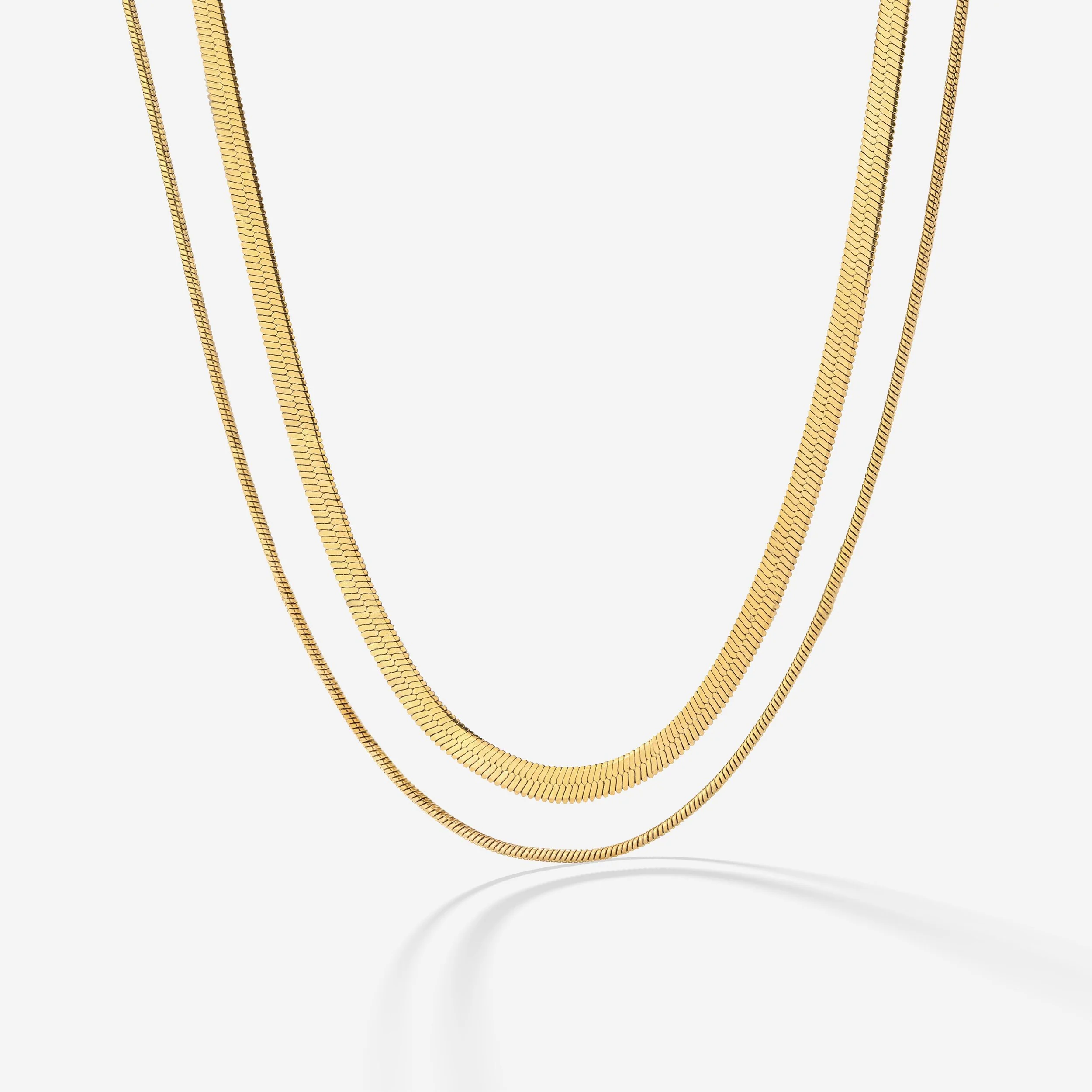 Snake Chain Double Necklace Stud Earrings Gold