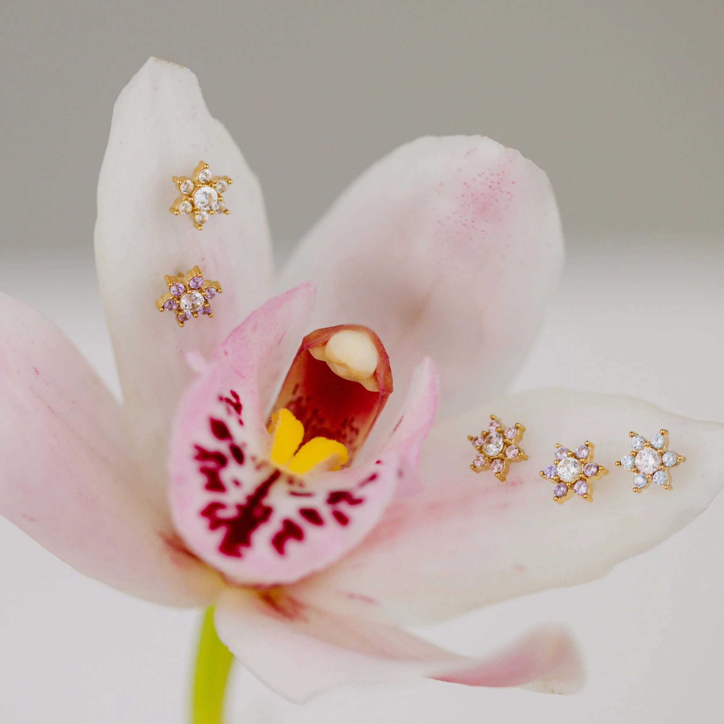 Sparkling Blue Petal Studs Gold - Image 5