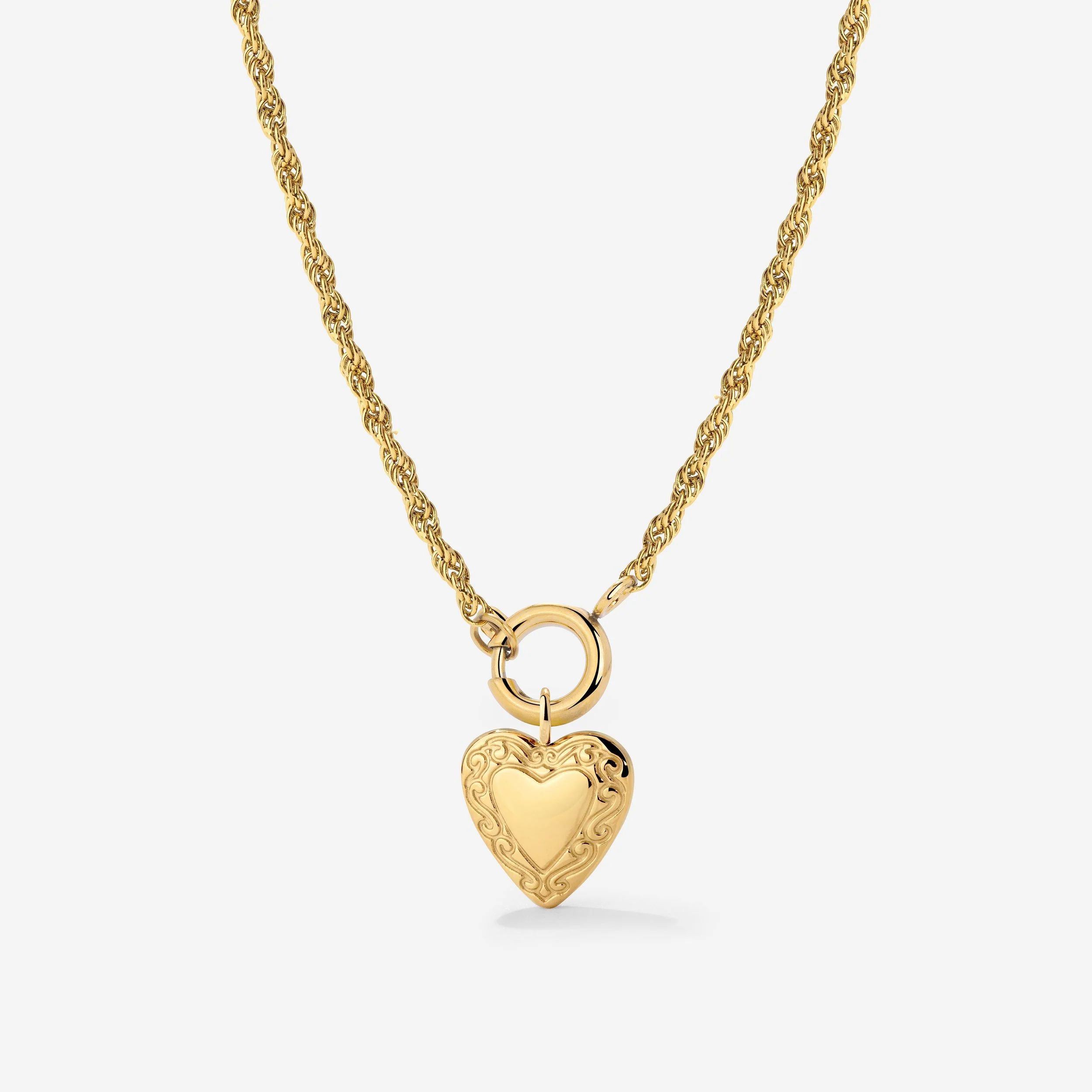 Vintage Heart Rope Chain Necklace Set Stud Earrings Gold
